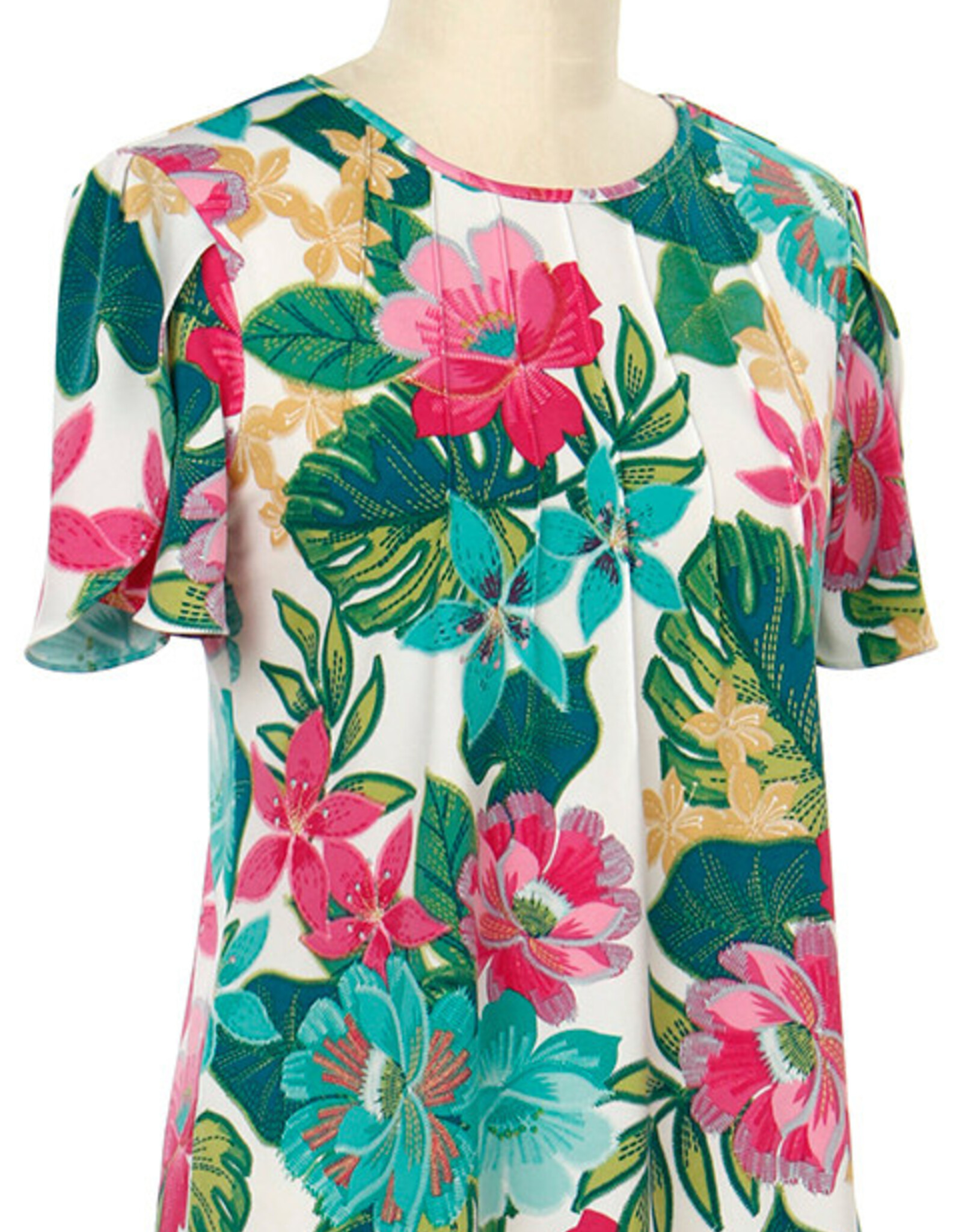 L.Hamrick L.Hamrick Turq/Green Short Sleeve Foral Print Top
