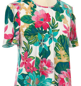 L.Hamrick L.Hamrick Turq/Green Short Sleeve Foral Print Top