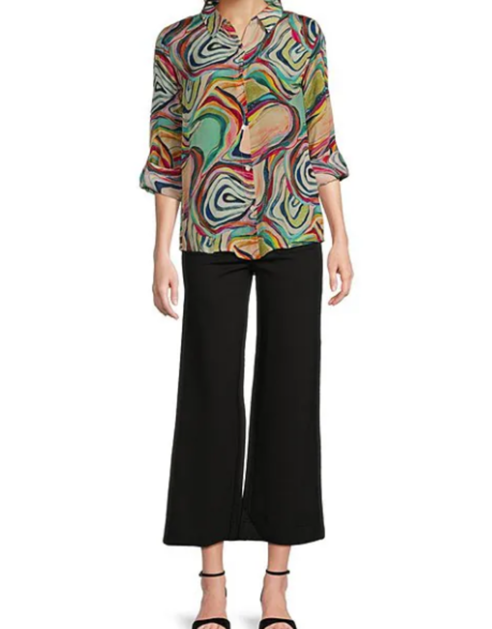 APNY APNY  Blue Multi Button Up W/Roll-Up Sleeve Top