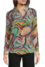 APNY APNY  Blue Multi Button Up W/Roll-Up Sleeve Top