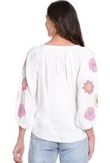 Tru Luxe Tru Luxe White Emb Sleeve Split Neck Top