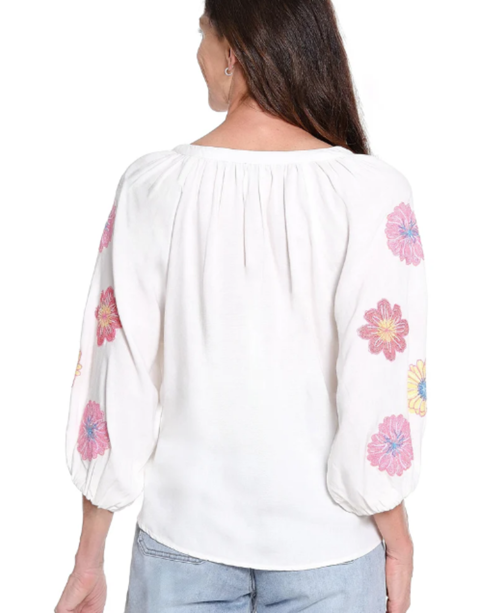 Tru Luxe Tru Luxe White Emb Sleeve Split Neck Top