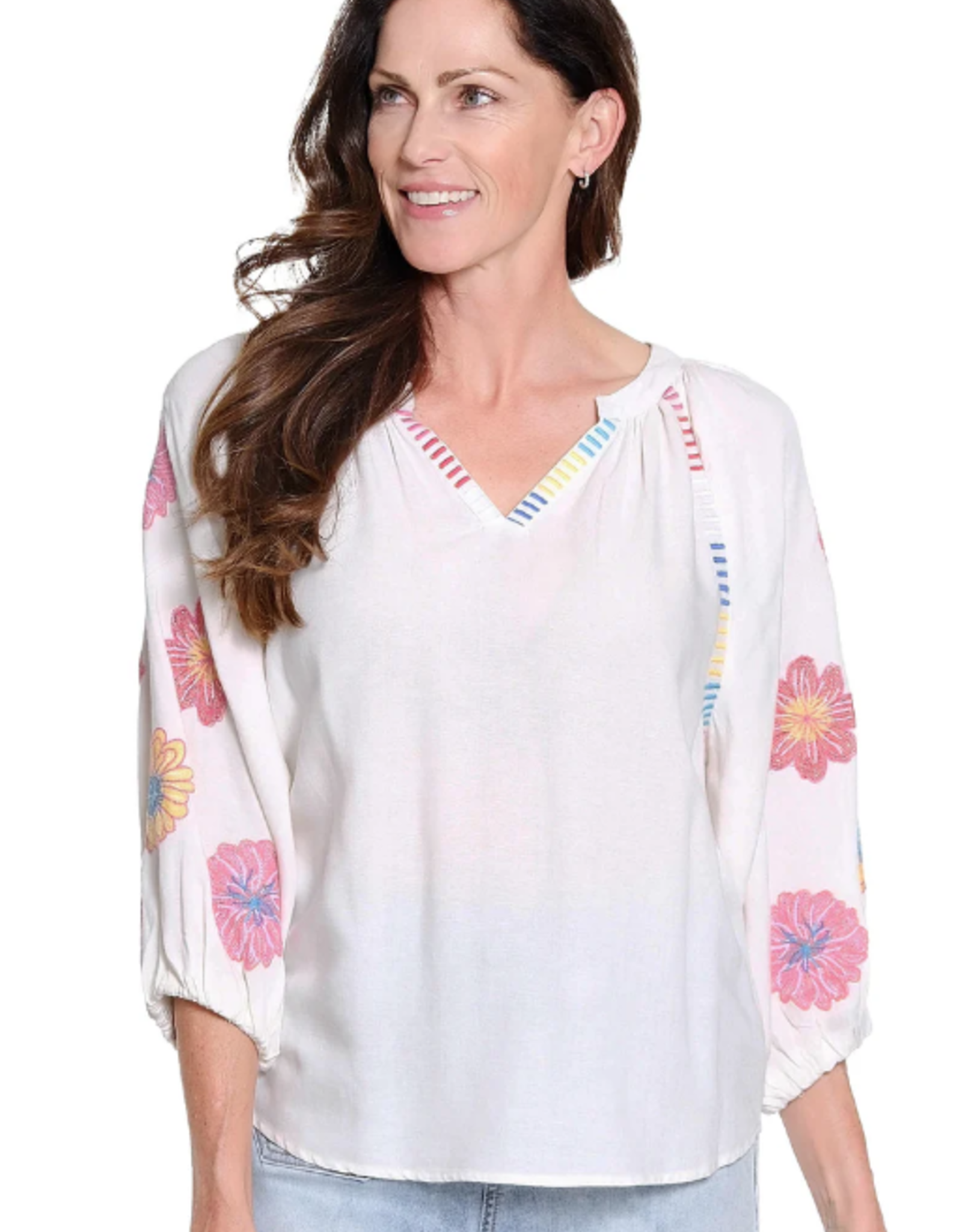 Tru Luxe Tru Luxe White Emb Sleeve Split Neck Top