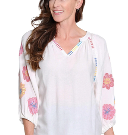 Tru Luxe Tru Luxe White Emb Sleeve Split Neck Top