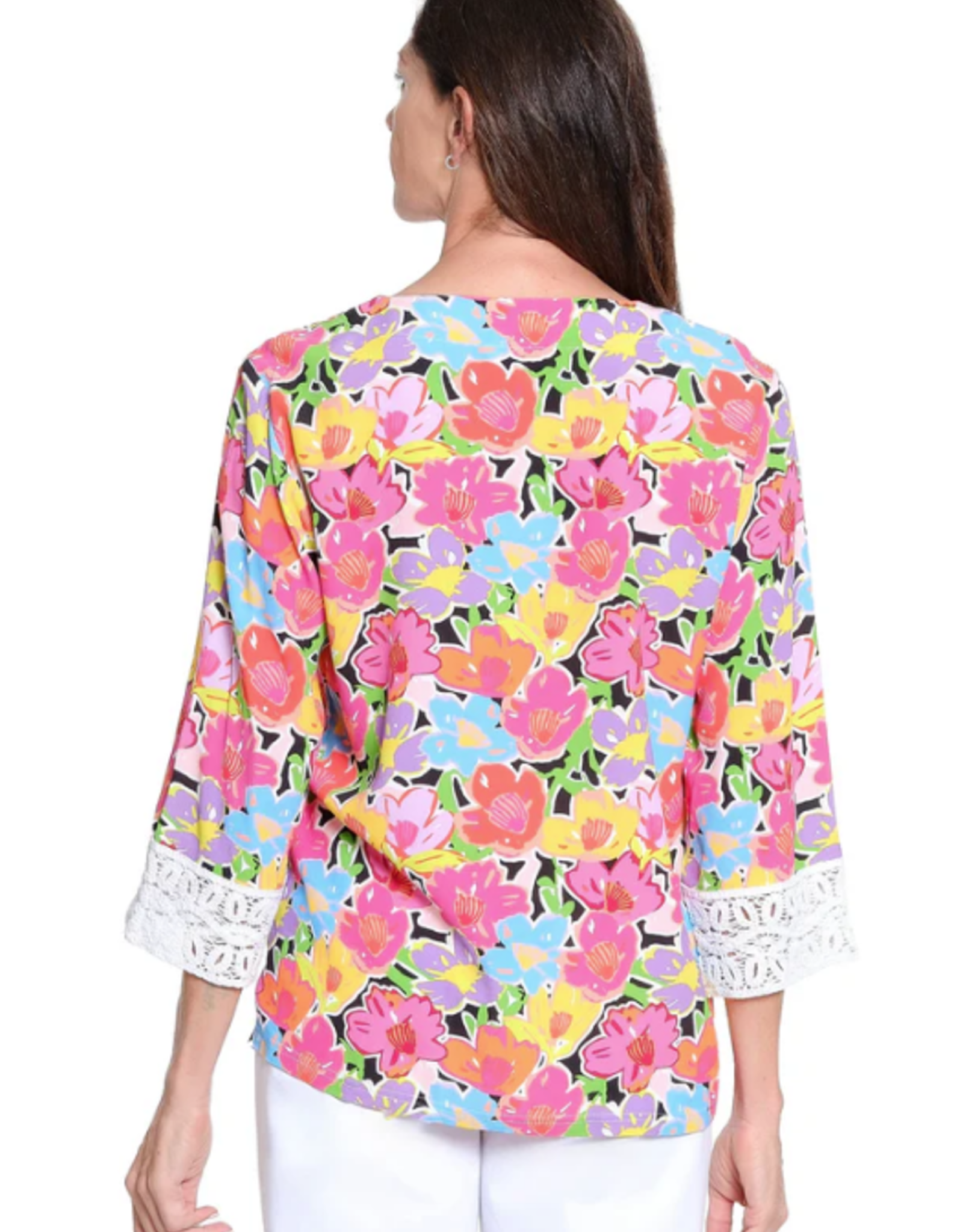 Tru Luxe Tru Luxe Multi Notched Neck Top W/ Crochet Cuffs