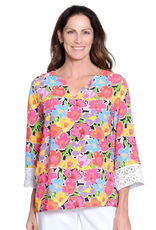 Tru Luxe Tru Luxe Multi Notched Neck Top W/ Crochet Cuffs