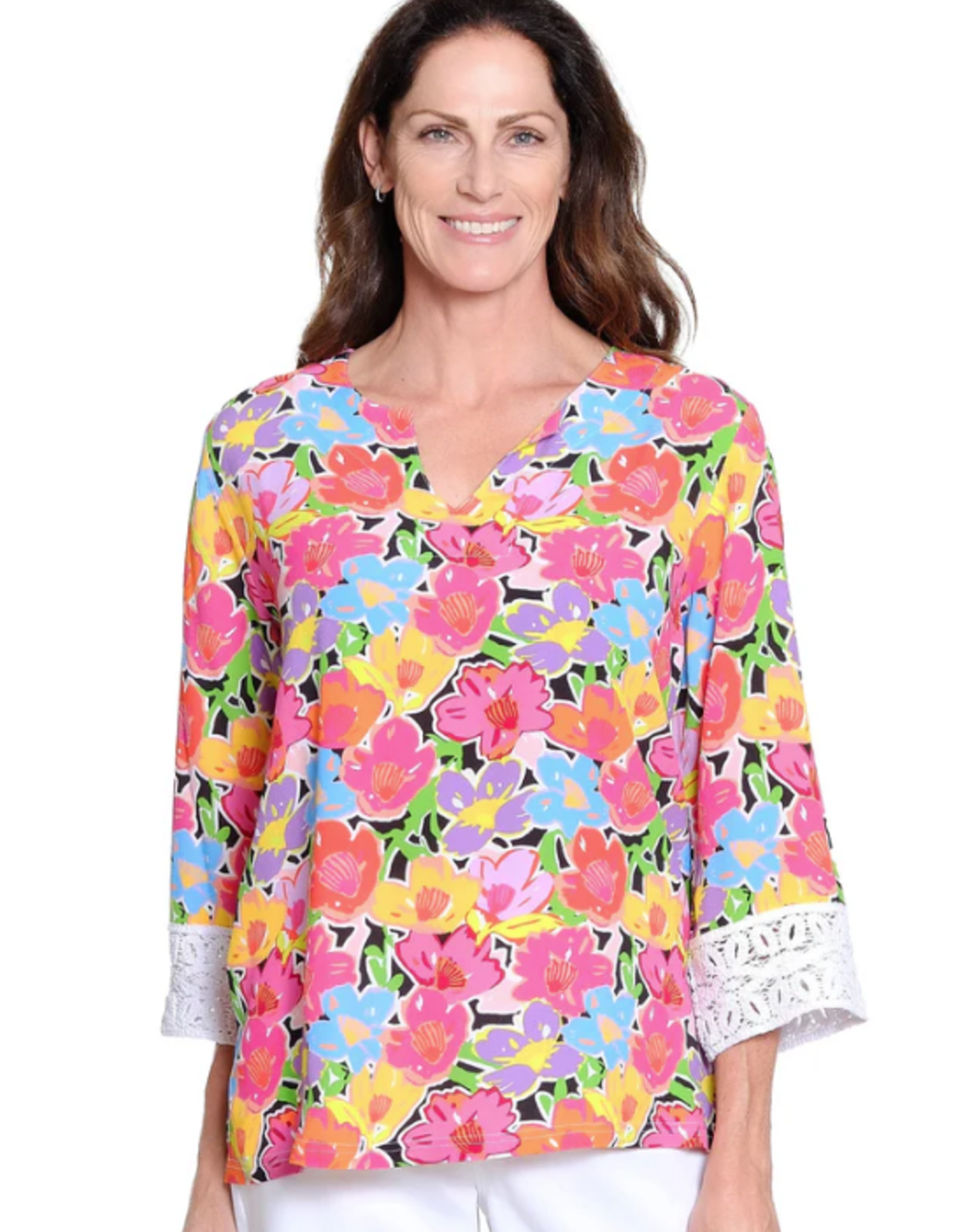 Tru Luxe Tru Luxe Multi Notched Neck Top W/ Crochet Cuffs