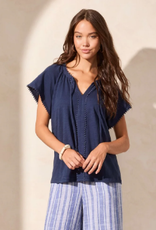 Tribal Tribal Jet Blue Short Sleeve Split Neck Top W/Tassel AL