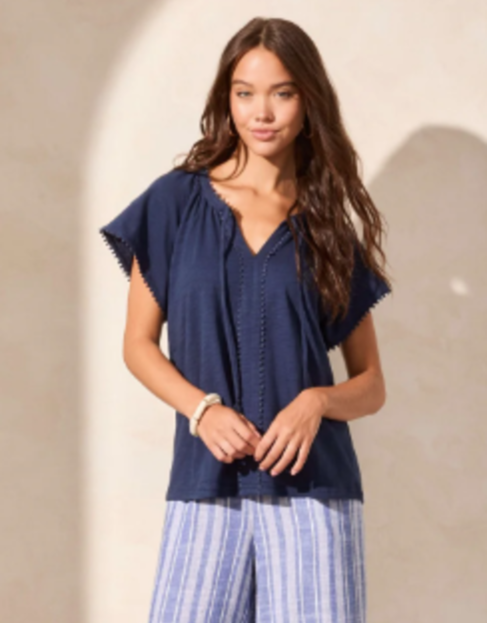Tribal Tribal Jet Blue Short Sleeve Split Neck Top W/Tassel AL