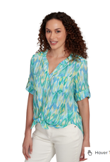 Ruby Rd Ruby Rd Petite Parrot Button Front Stand Collar Paradise Print Tie Front Roll-Tab Elbow Slv