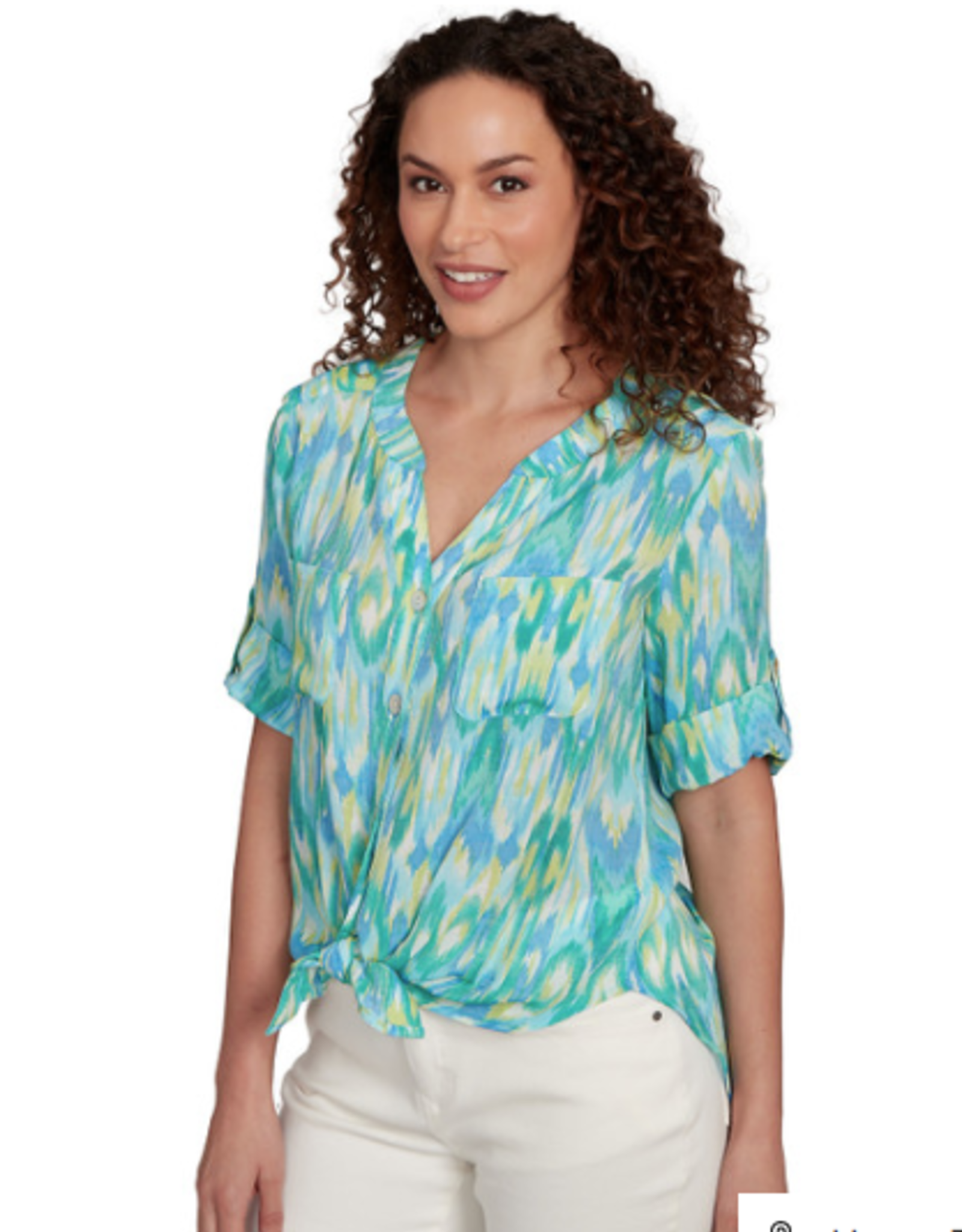 Ruby Rd Ruby Rd Petite Parrot Button Front Stand Collar Paradise Print Tie Front Roll-Tab Elbow Slv