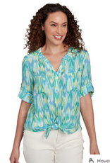 Ruby Rd Ruby Rd Petite Parrot Button Front Stand Collar Paradise Print Tie Front Roll-Tab Elbow Slv
