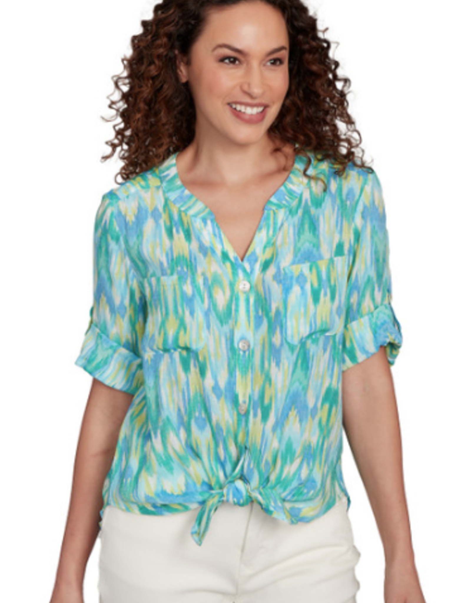 Ruby Rd Ruby Rd Petite Parrot Button Front Stand Collar Paradise Print Tie Front Roll-Tab Elbow Slv
