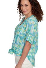 Ruby Rd Ruby Rd Petite Parrot Button Front Stand Collar Paradise Print Tie Front Roll-Tab Elbow Slv