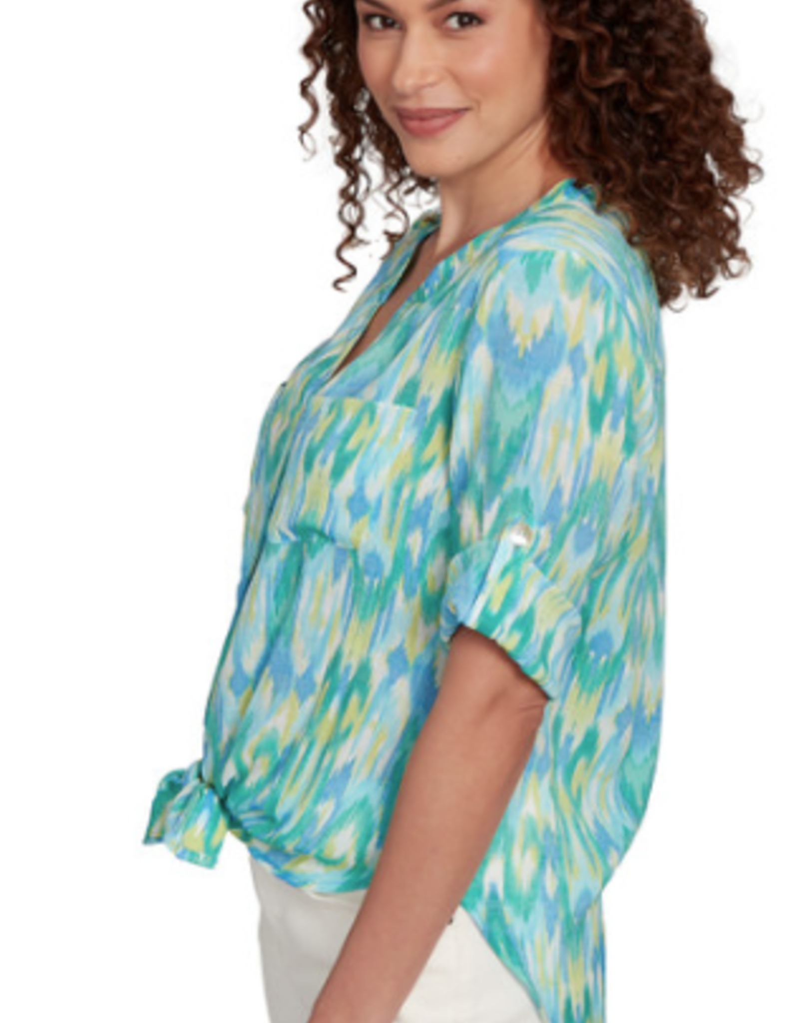 Ruby Rd Ruby Rd Petite Parrot Button Front Stand Collar Paradise Print Tie Front Roll-Tab Elbow Slv