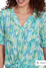 Ruby Rd Ruby Rd Petite Parrot Button Front Stand Collar Paradise Print Tie Front Roll-Tab Elbow Slv