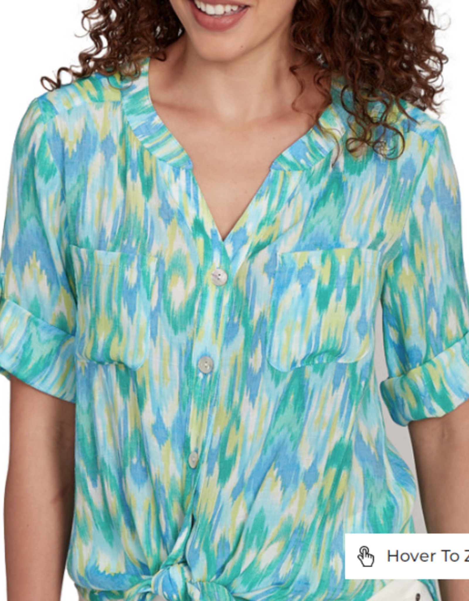 Ruby Rd Ruby Rd Petite Parrot Button Front Stand Collar Paradise Print Tie Front Roll-Tab Elbow Slv