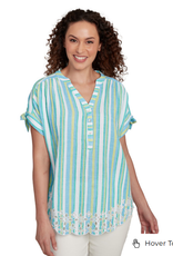 Ruby Rd Ruby Rd Petite Ocean Split Neck Stand Collar Crinkle Stripe W/Embroidered Hem Short Slv