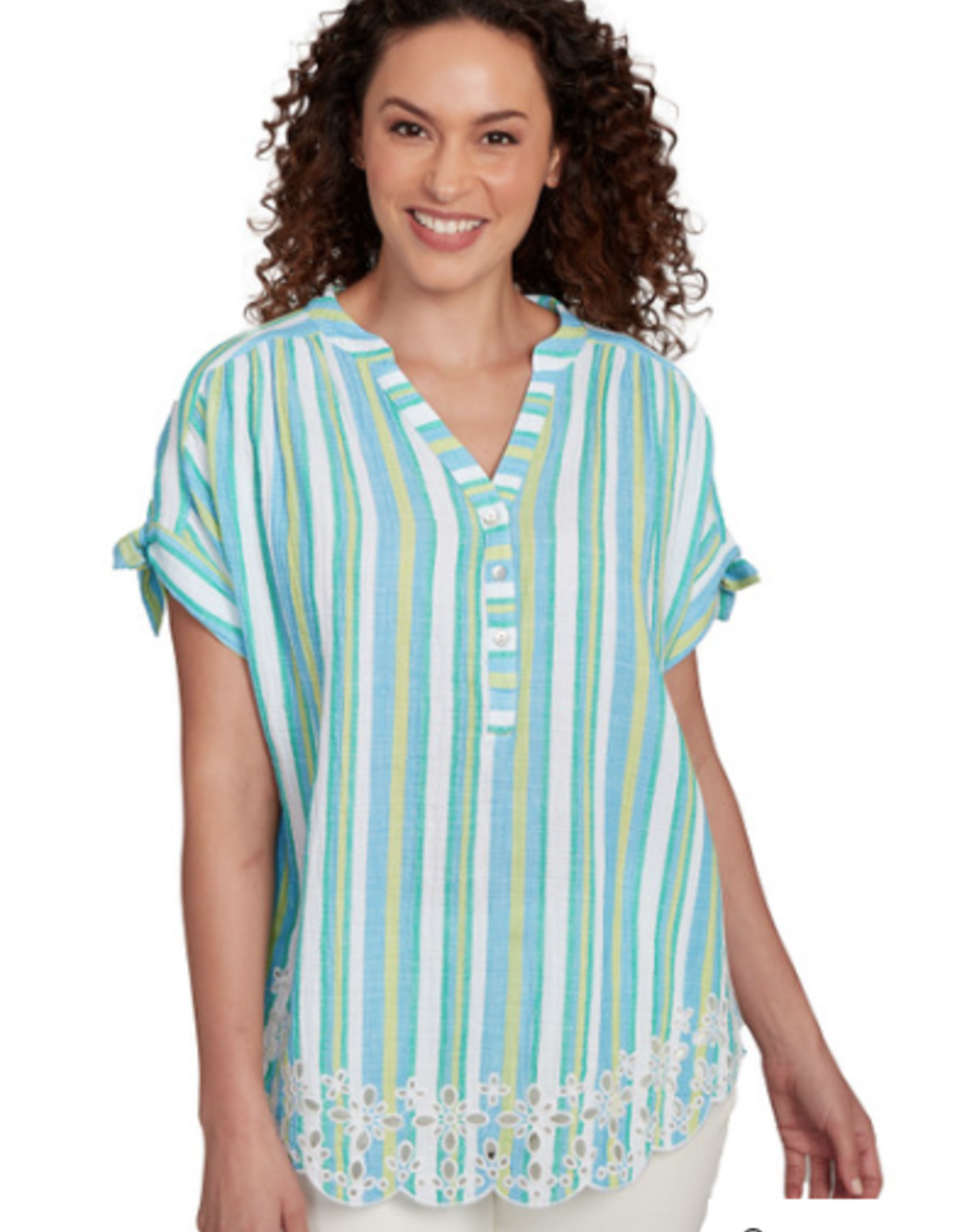 Ruby Rd Ruby Rd Petite Ocean Split Neck Stand Collar Crinkle Stripe W/Embroidered Hem Short Slv