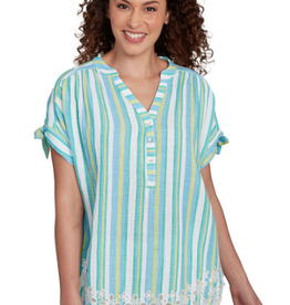 Ruby Rd Ruby Rd Petite Ocean Split Neck Stand Collar Crinkle Stripe W/Embroidered Hem Short Slv