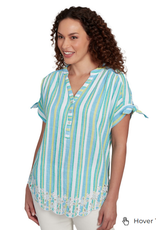 Ruby Rd Ruby Rd Petite Ocean Split Neck Stand Collar Crinkle Stripe W/Embroidered Hem Short Slv