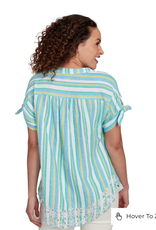 Ruby Rd Ruby Rd Petite Ocean Split Neck Stand Collar Crinkle Stripe W/Embroidered Hem Short Slv