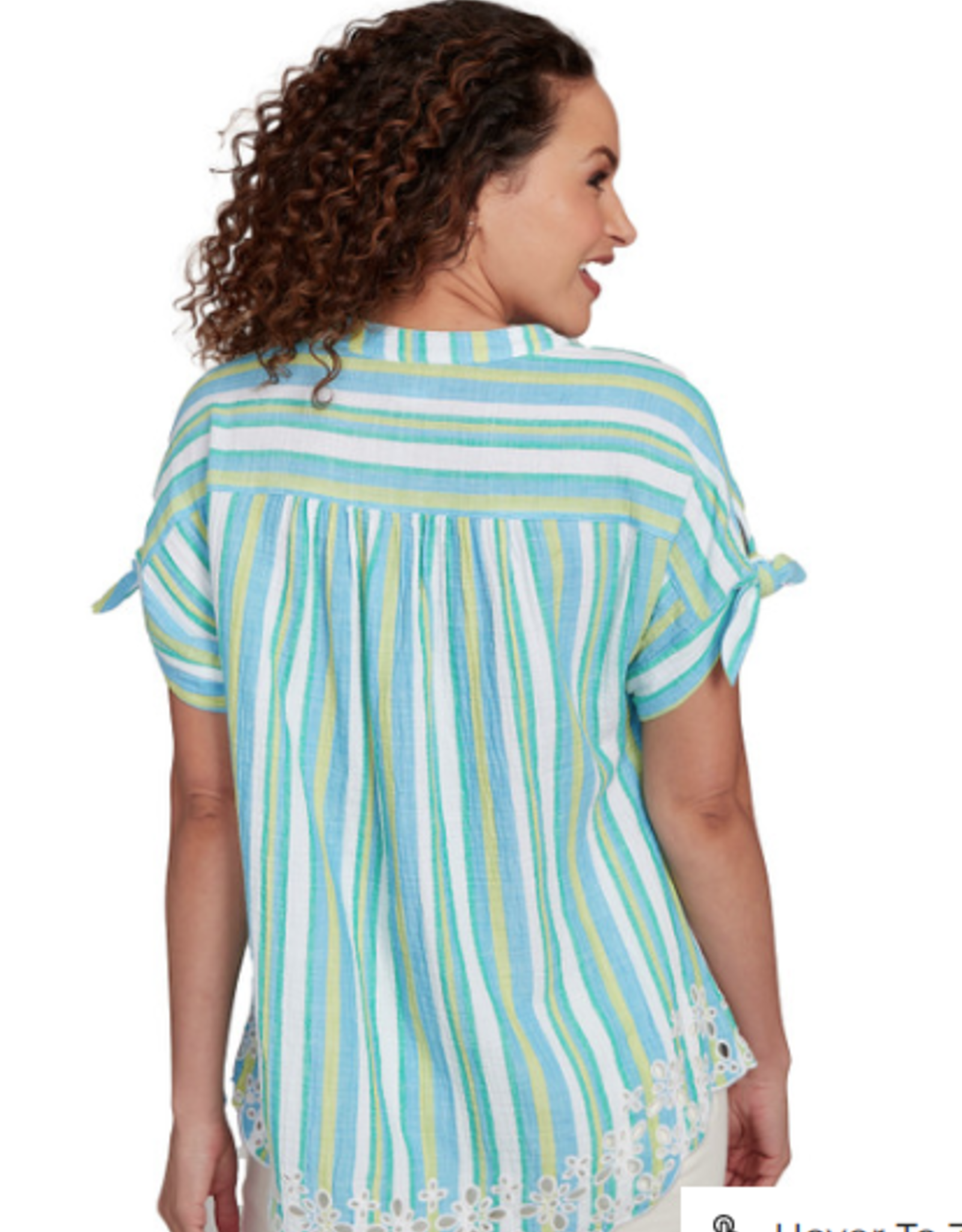 Ruby Rd Ruby Rd Petite Ocean Split Neck Stand Collar Crinkle Stripe W/Embroidered Hem Short Slv