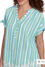 Ruby Rd Ruby Rd Petite Ocean Split Neck Stand Collar Crinkle Stripe W/Embroidered Hem Short Slv