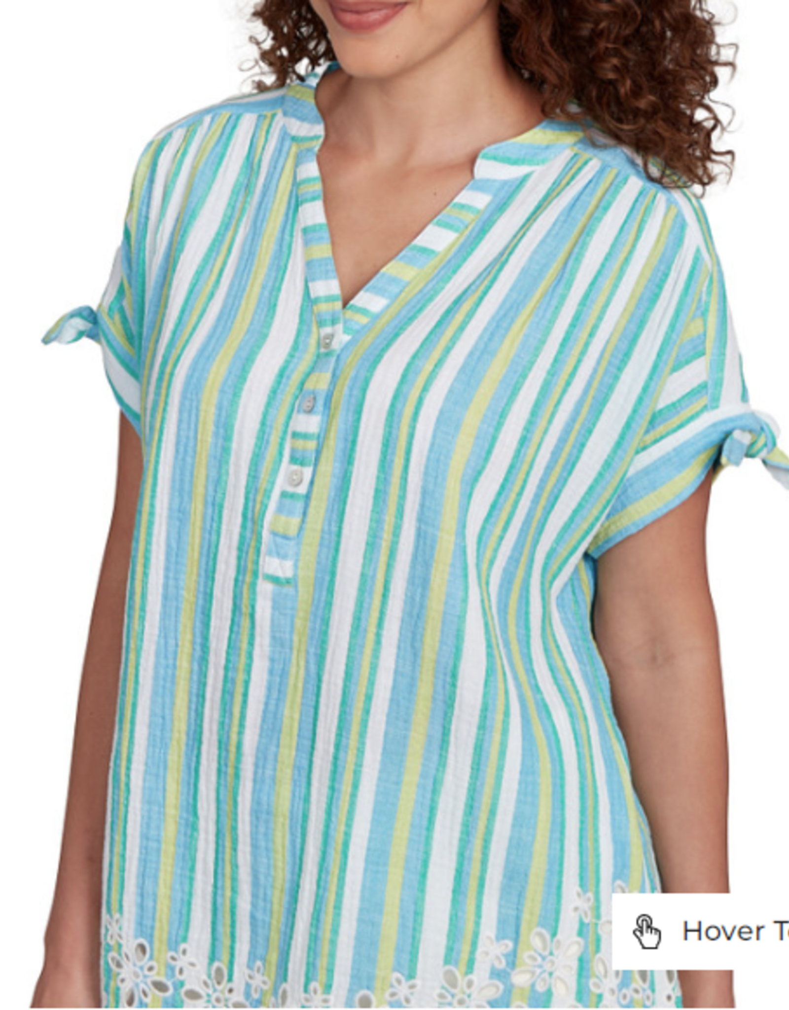 Ruby Rd Ruby Rd Petite Ocean Split Neck Stand Collar Crinkle Stripe W/Embroidered Hem Short Slv