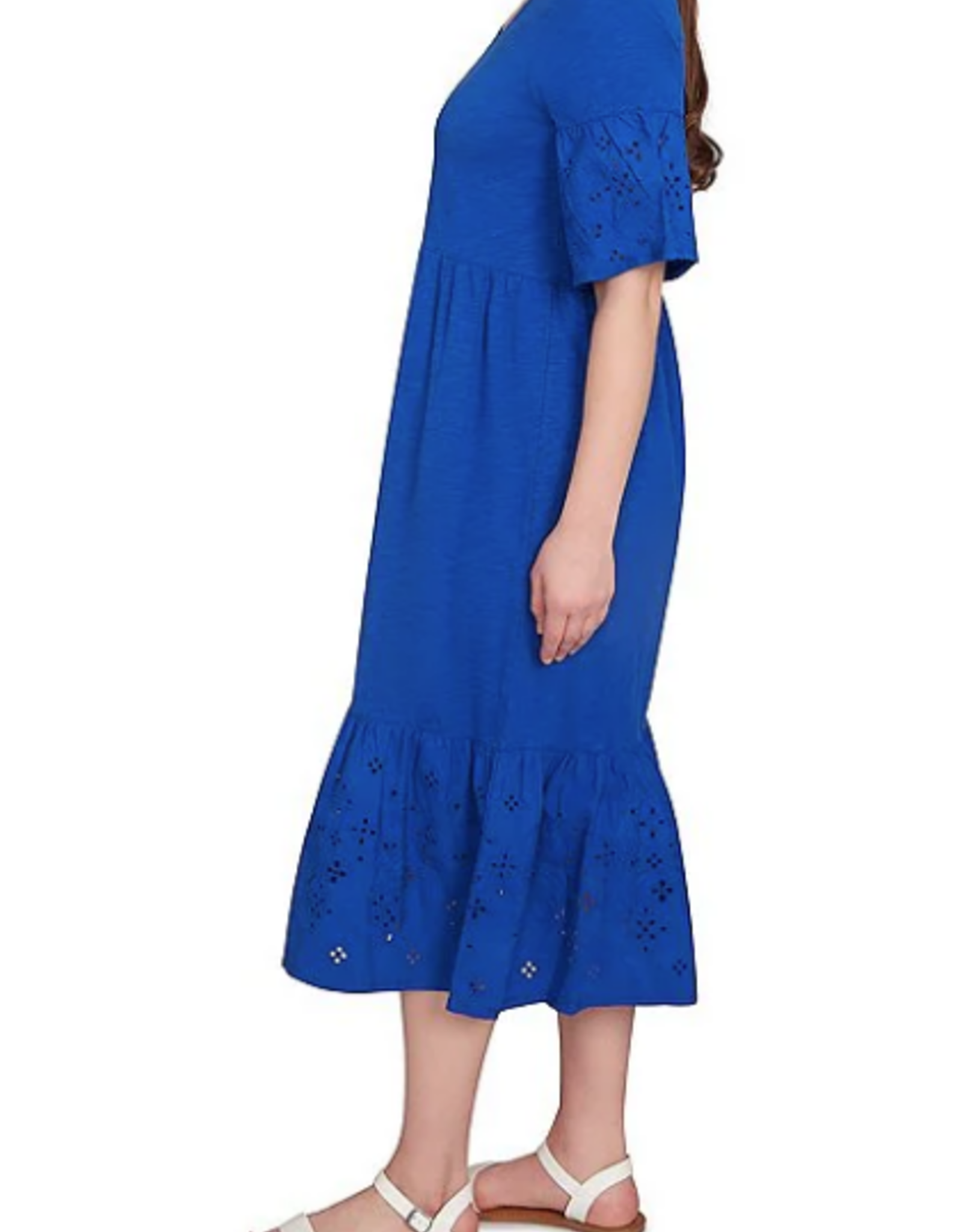 Ruby Rd Ruby Rd Petite French Blue V Neck Embroidered Knit Dress Elbow Slv