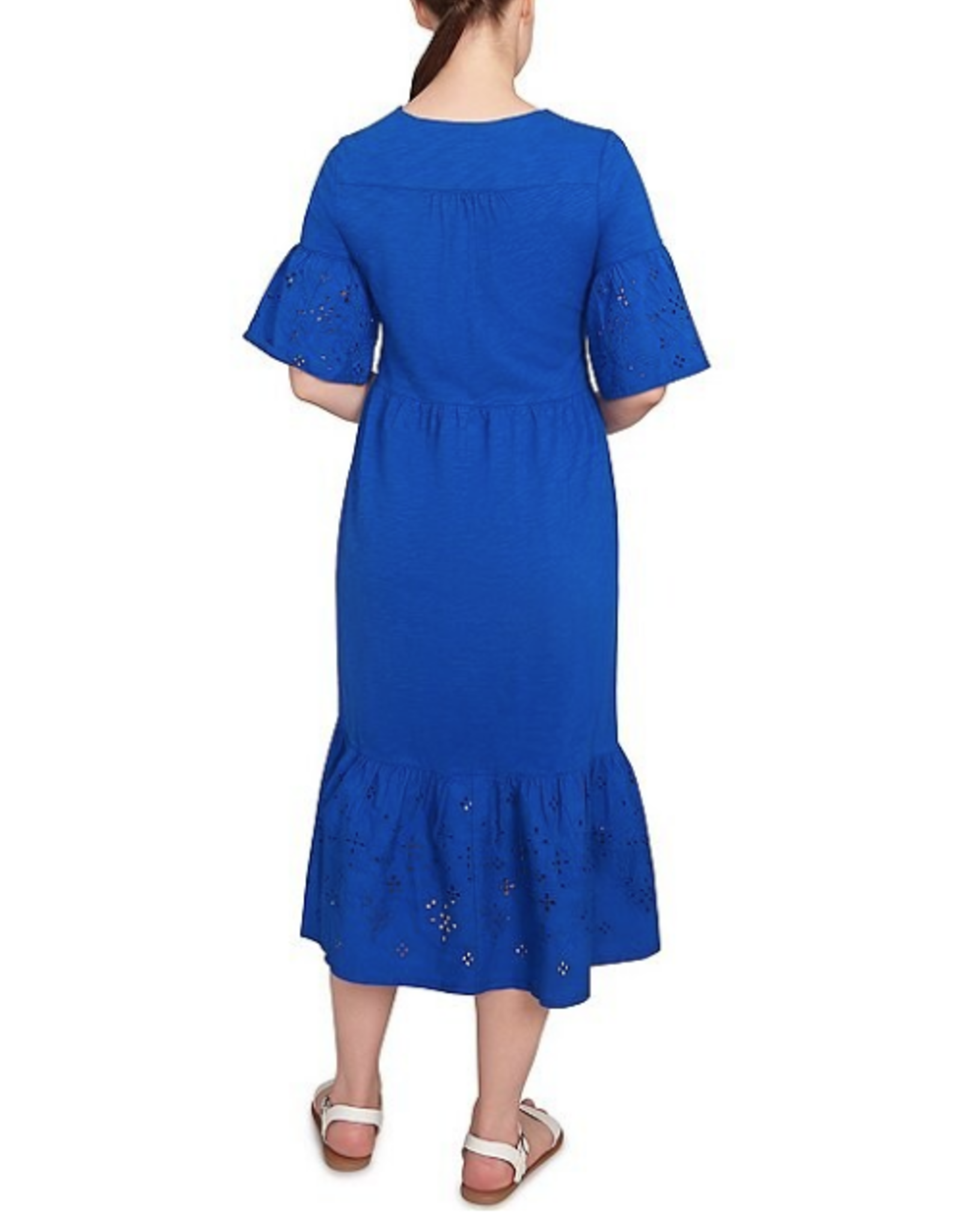Ruby Rd Ruby Rd Petite French Blue V Neck Embroidered Knit Dress Elbow Slv