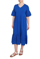 Ruby Rd Ruby Rd Petite French Blue V Neck Embroidered Knit Dress Elbow Slv