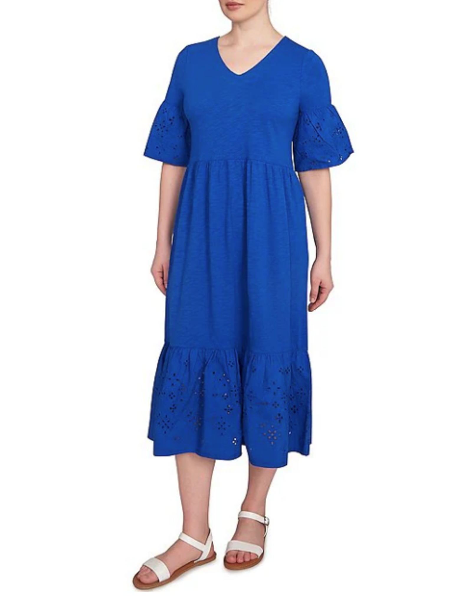 Ruby Rd Ruby Rd Petite French Blue V Neck Embroidered Knit Dress Elbow Slv