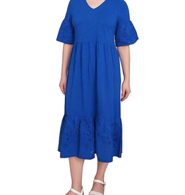 Ruby Rd Ruby Rd Petite French Blue V Neck Embroidered Knit Dress Elbow Slv