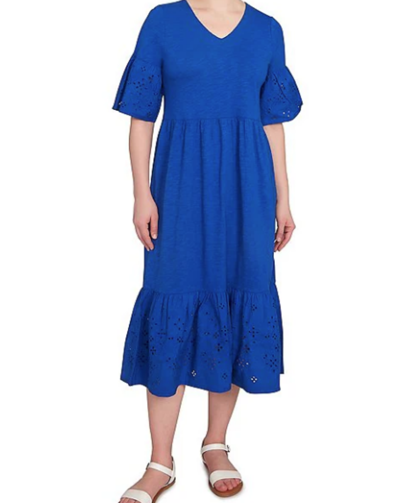 Ruby Rd Ruby Rd Petite French Blue V Neck Embroidered Knit Dress Elbow Slv