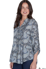 Ruby Rd Ruby Rd Petite Medium Blue Square Neck Embroidered Tencel Top 3/4 Slv