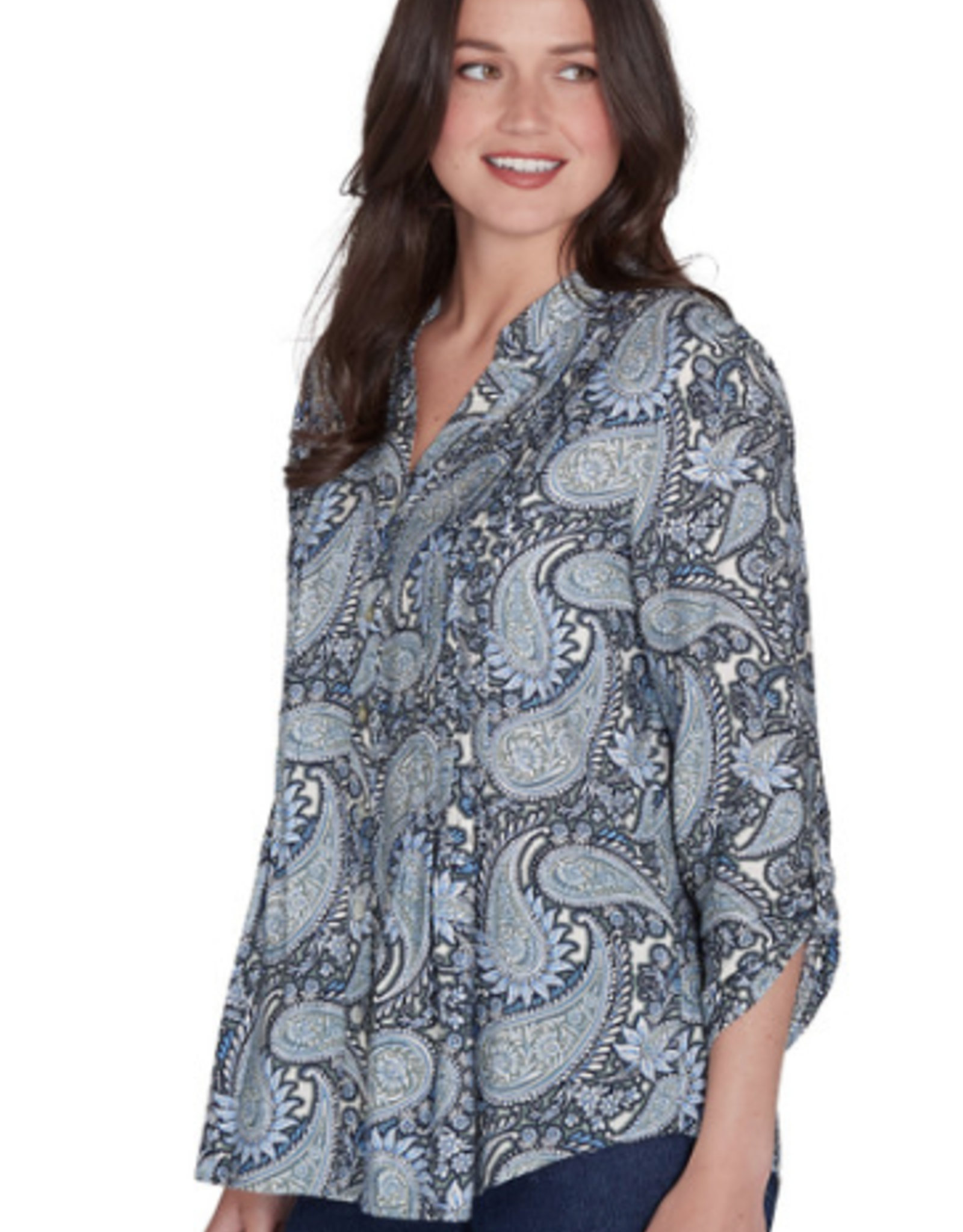 Ruby Rd Ruby Rd Petite Medium Blue Square Neck Embroidered Tencel Top 3/4 Slv