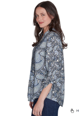 Ruby Rd Ruby Rd Petite Medium Blue Square Neck Embroidered Tencel Top 3/4 Slv