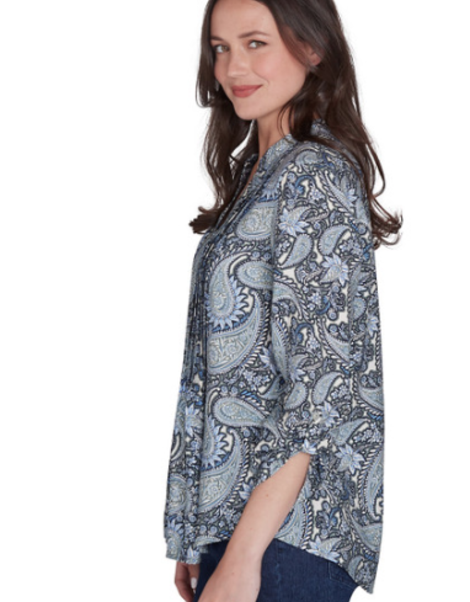 Ruby Rd Ruby Rd Petite Medium Blue Square Neck Embroidered Tencel Top 3/4 Slv