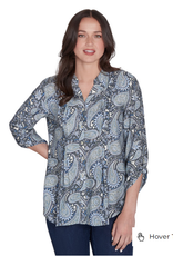 Ruby Rd Ruby Rd Petite Medium Blue Square Neck Embroidered Tencel Top 3/4 Slv