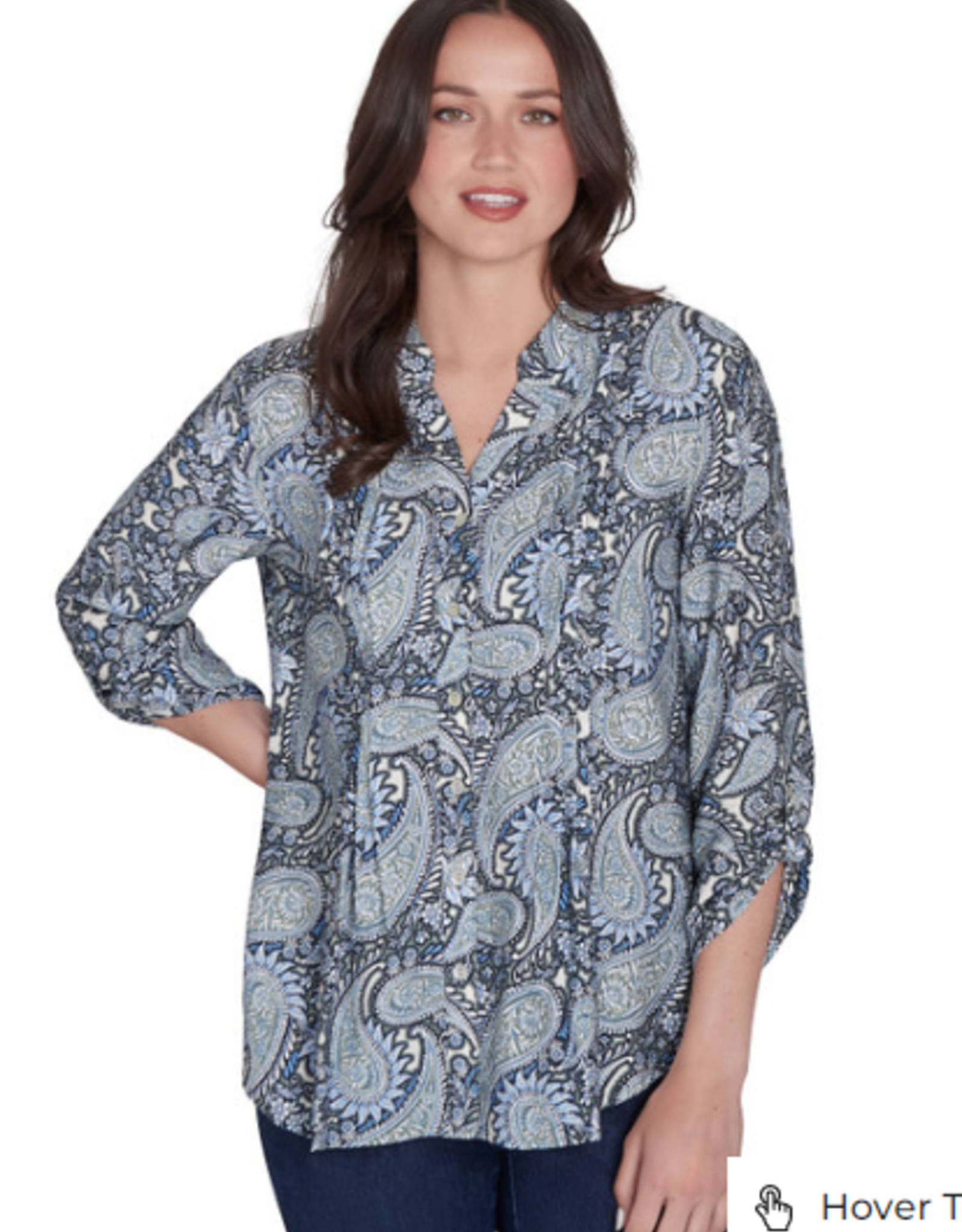 Ruby Rd Ruby Rd Petite Medium Blue Square Neck Embroidered Tencel Top 3/4 Slv