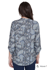 Ruby Rd Ruby Rd Petite Medium Blue Square Neck Embroidered Tencel Top 3/4 Slv