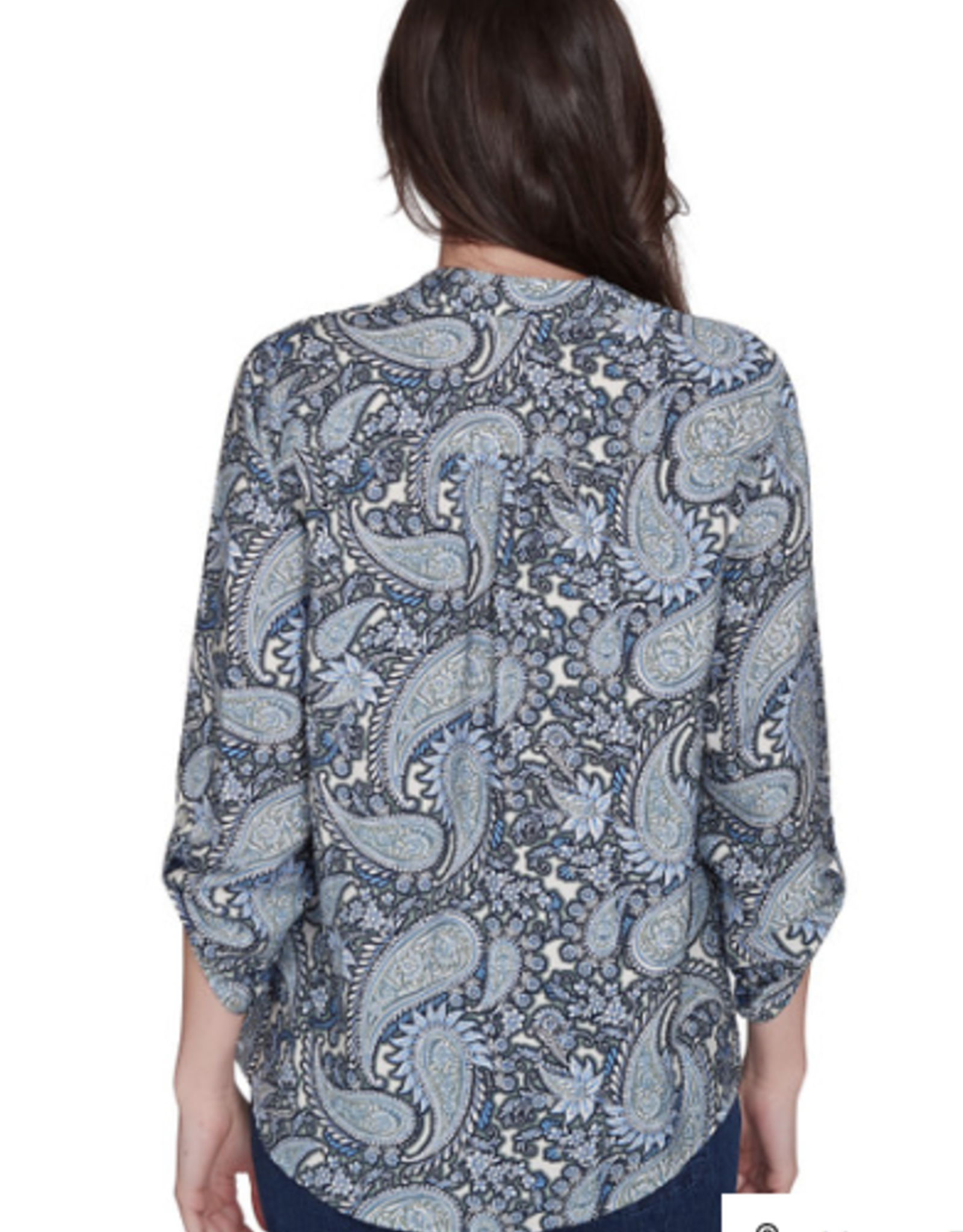 Ruby Rd Ruby Rd Petite Medium Blue Square Neck Embroidered Tencel Top 3/4 Slv