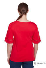 Ruby Rd Ruby Rd Red Split Neck Interlock Knit Elbow Slv