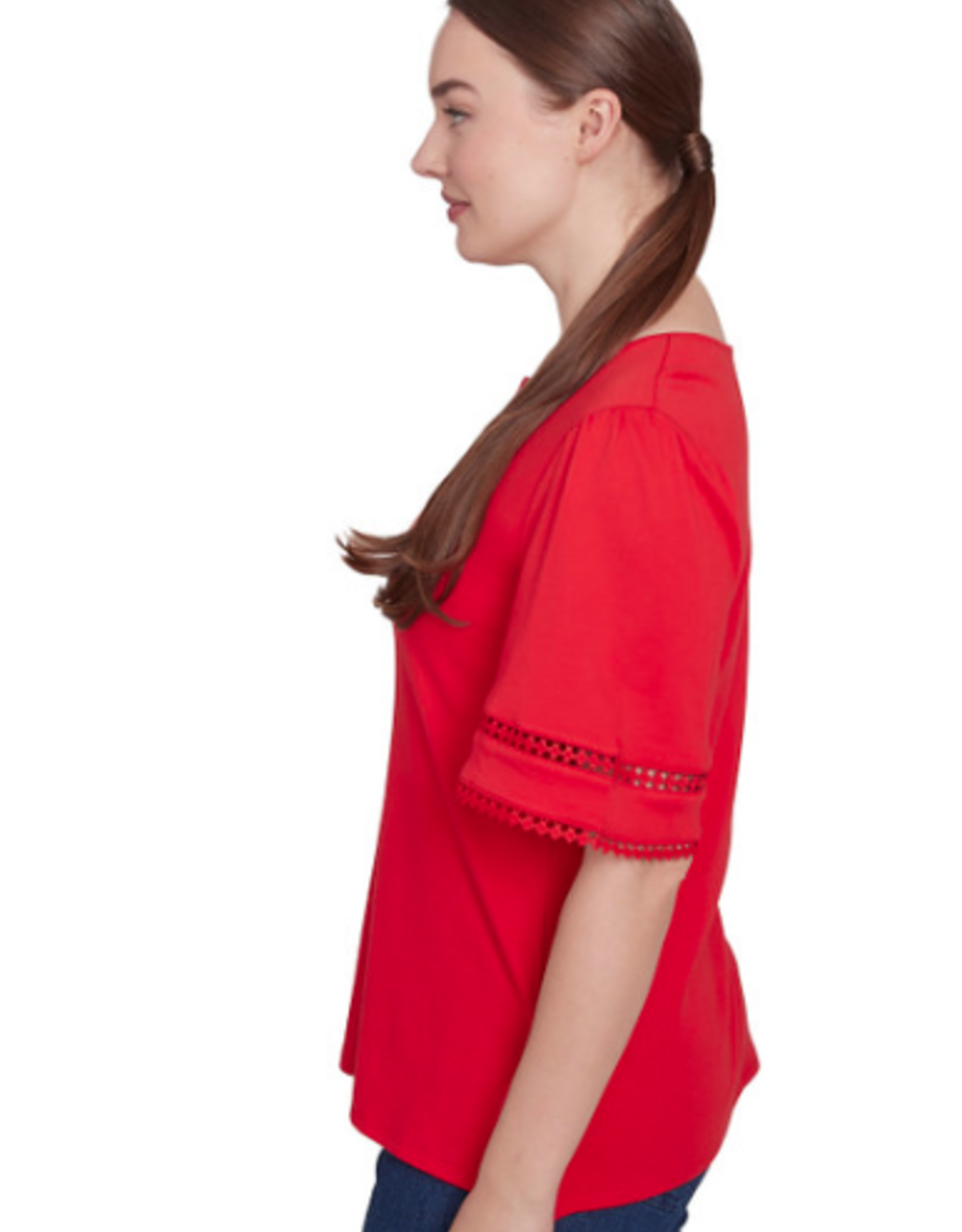 Ruby Rd Ruby Rd Red Split Neck Interlock Knit Elbow Slv