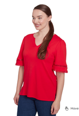 Ruby Rd Ruby Rd Red Split Neck Interlock Knit Elbow Slv