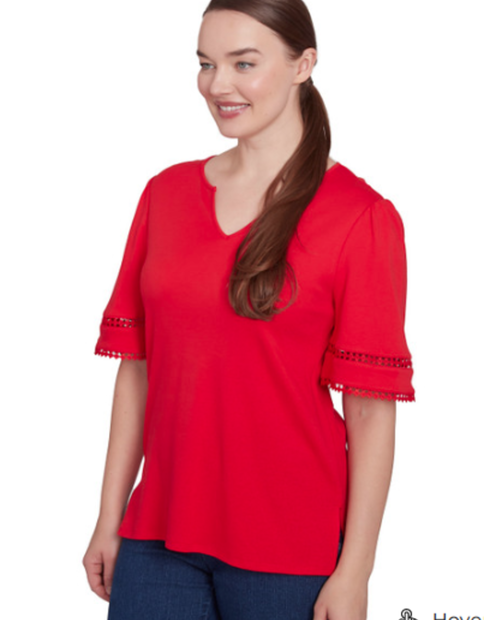 Ruby Rd Ruby Rd Red Split Neck Interlock Knit Elbow Slv
