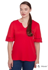 Ruby Rd Ruby Rd Red Split Neck Interlock Knit Elbow Slv