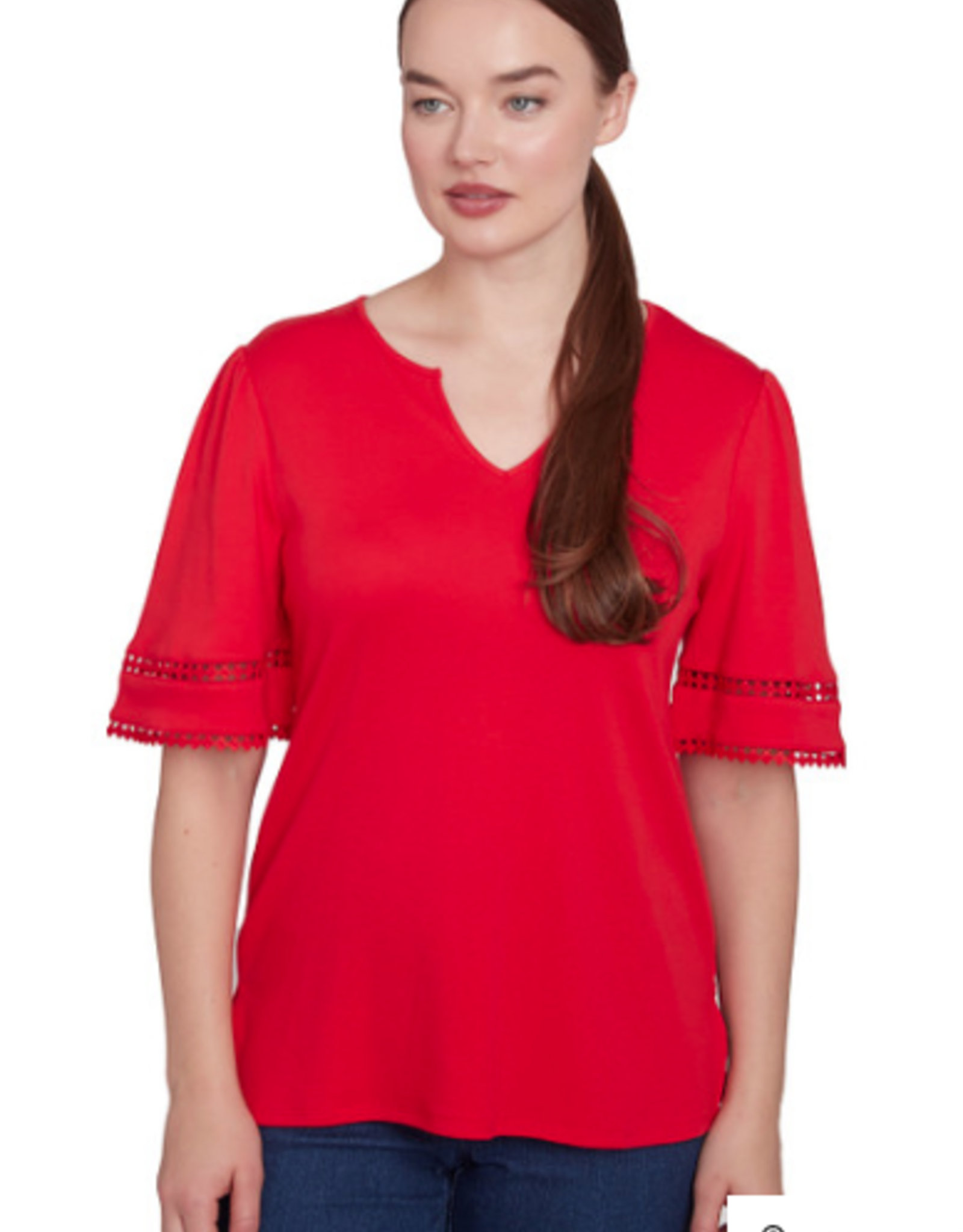 Ruby Rd Ruby Rd Red Split Neck Interlock Knit Elbow Slv
