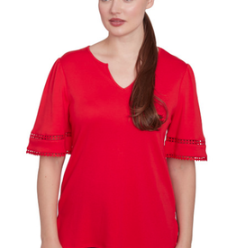 Ruby Rd Ruby Rd Red Split Neck Interlock Knit Elbow Slv